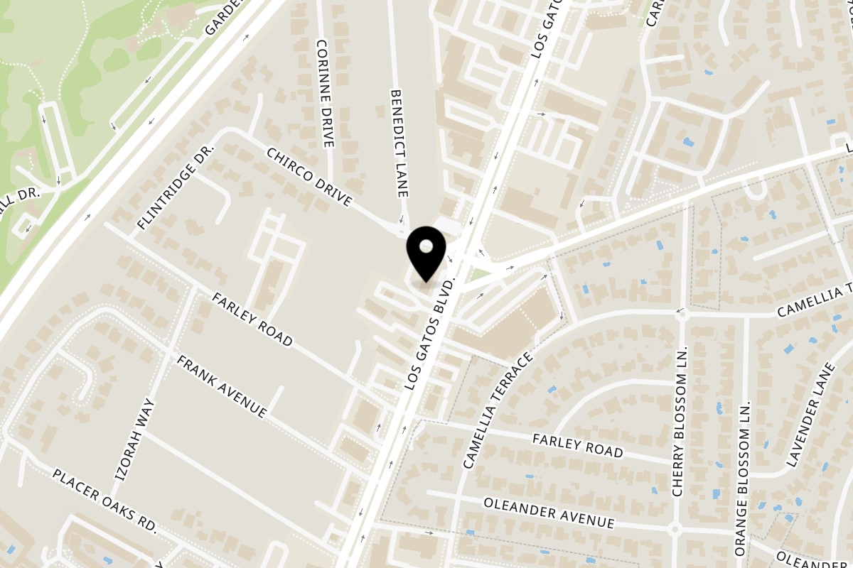 Map showing the location of Lou's Coffee Shop on 15691 Los Gatos Blvd in Los Gatos